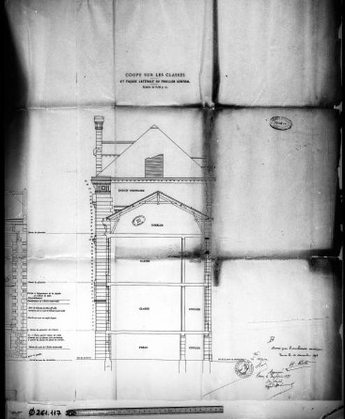 Groupe scolaire Ferdinand-Buisson : coupe sur les classes et façade latérale du pavillon central, par Henri Prath, 20 décembre 1898.