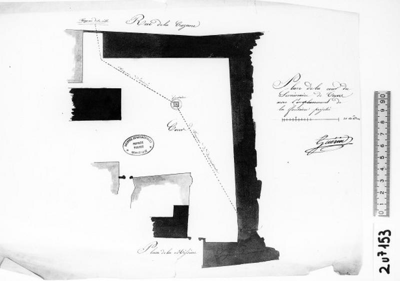 Plan de la cour du Séminaire avec l'emplacement de la fontaine, B.M. Guérin, 1834.