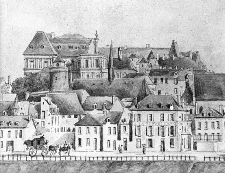 Eglise : vue de l'église et de ses bâtiments conventuels à la fin du XVIIIè siècle. Détail de la Vue de Blois.