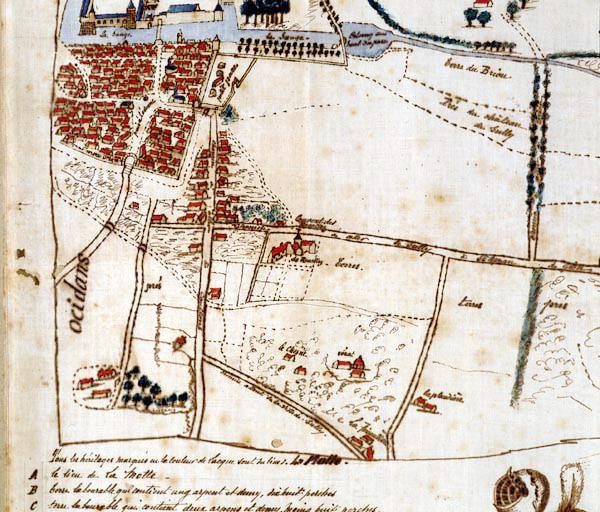 Extrait du plan d'arpentage des héritages de la Motte. Détail, la ville er le faubourg saint François.