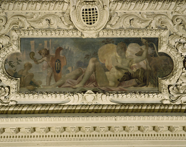 Salle des Fêtes : compartiment du plafond : composition avec Diane et le château de Chenonceaux.