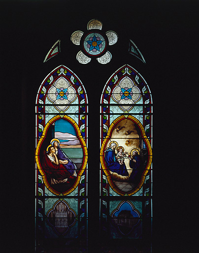 Chapelle Saint Gatien : vue d'ensemble de la baie n°6 : saint Augustin et sainte Monique, l'Enfant Jésus perçant d'une flèche le coeur enflammé de saint Augustin.