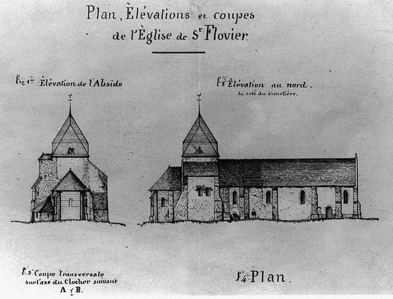 «Plan, élévations et coupes de l'ancienne église de Saint-Flovier ; élévation de l'abside et élévation au nord» par Pichot, 6 mars 1860, éch. 1/200e.