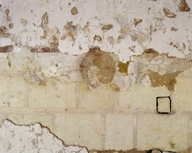 Fragment d'une scène biblique : Entrée à Jérusalem, visage et main du Christ (mur sud de la nef).