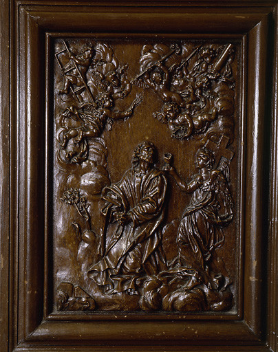 Portes du choeur des religieuses. Première porte, panneau central avec Agonie du Christ et anges portant les instruments de la Passion.