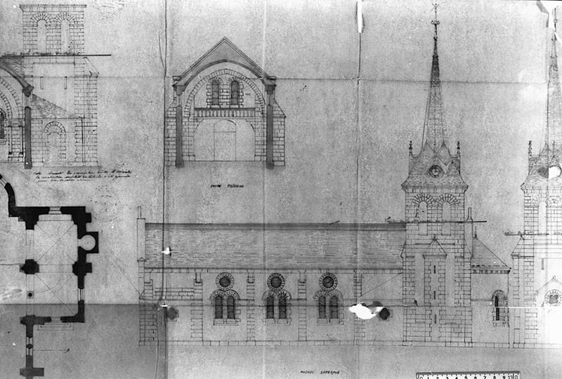 «Saint-Flovier, projet d'église paroissiale», détail : façade sud et coupe sur la tribune, par Anatole de Baudot, 4 octobre 1883, éch. 1/100e.