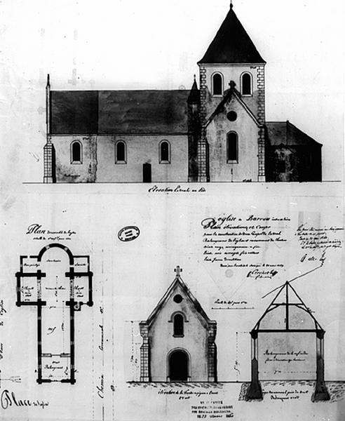 Eglise de Barrou : plan, élévations et coupe pour la construction de deux chapelles latérales, le rallongement de l'église et l'exaucement du clocher, par P. Créchet, encre et lavis sur papier, l 43 x H 55 ; 30 août 1859, éch. 1/100e.