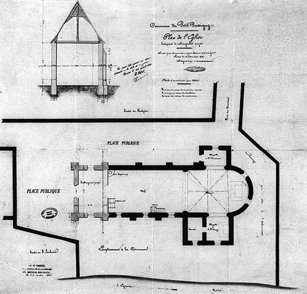 «Plan de l'église du Petit-Pressigny indiquant le rallongement projeté» : plan et coupe transversale sur la nef, par Drubert, 10 septembre 1858, éch. 1/100e, encre sur papier, l.52 x H.51.