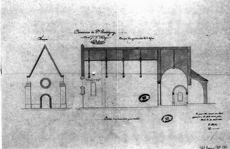 «Coupe longitudinale de l'église du Petit-Pressigny et façade», par Drubert, 10 septembre 1858, éch. 1/100e, encre sur calque, l.55 x H.37.