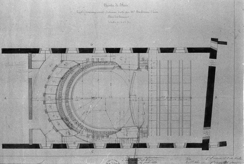 Théâtre partiellement reconstruit en 1869. Projet d'aménagement intérieur par M. Barbereau Saint-Léon. Plan des premières. Le 16 janvier 1869.