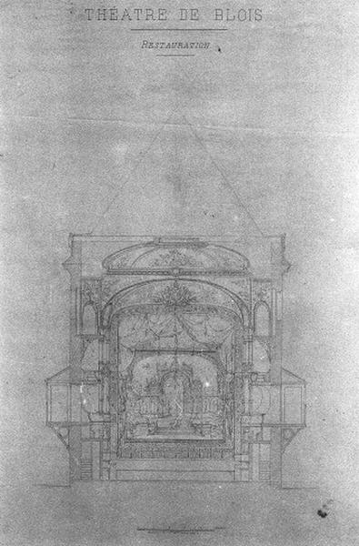 Théâtre partiellement reconstruit en 1869. Projet d'aménagement intérieur, coupe transversale au niveau de la scène, n.s.; n.d. Encre sur papier (0, 68 x 0, 88 m), échelle : 1/50è.