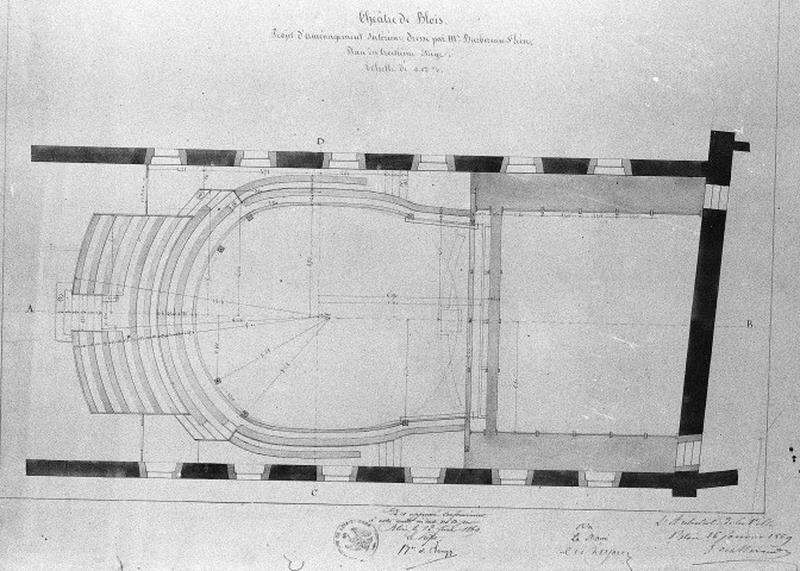 Théâtre partiellement reconstruit en 1869. Projet d'aménagement intérieur par M. Barbereau Saint-Léon. Plan du troisième étage. Le 16 janvier 1869.