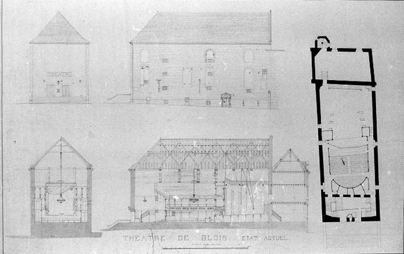 Etat du premier théâtre aménagé vers 1810. Elévation des façades est et nord. Coupes longitudinale et transversale. Plan au sol.