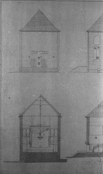 Etat du premier théâtre aménagé vers 1810. En haut, façade est, entrée du théâtre.En bas, coupe transversale au niveau de la scène.