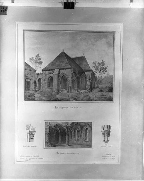 Vue intérieure et extérieure de la salle capitulaire ; détails d'un culot et d'un chapiteau ; la salle capitulaire comportait six travées de voûtes, portées dans l'axe par deux piliers médians constitués d'un faisceau de huit colonnettes recevant doubleaux et ogives.