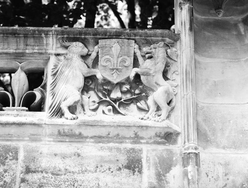 Fontaine de l'Arsis des Comtes de Blois, dite fontaine Louis XII. Face est, état actuel. Détail des armes de la ville de Blois.