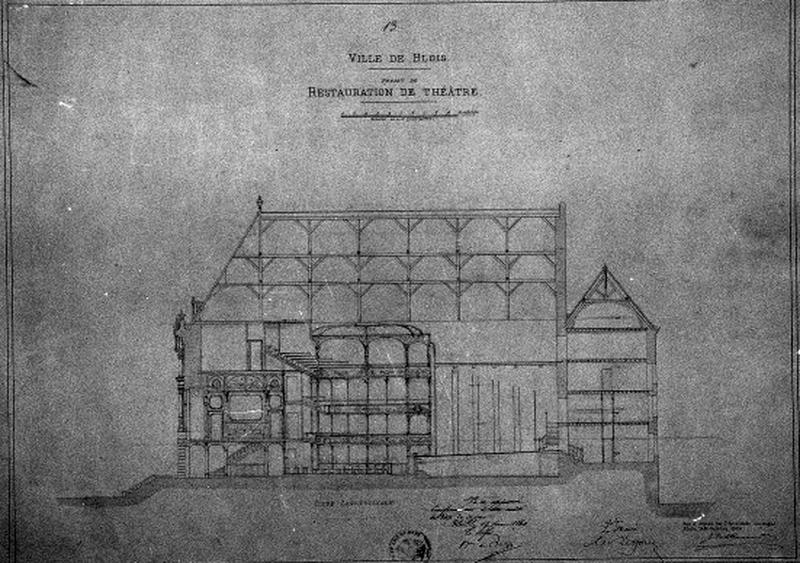 Théâtre partiellement reconstruit en 1869. Projet d'aménagement intérieur, coupe longitudinale. Signé J. de la Morandière. Le 31 octobre 1868. Encre et aqurelle sur papier (0, 74 x 0, 55 m), échelle : 1/100è. A