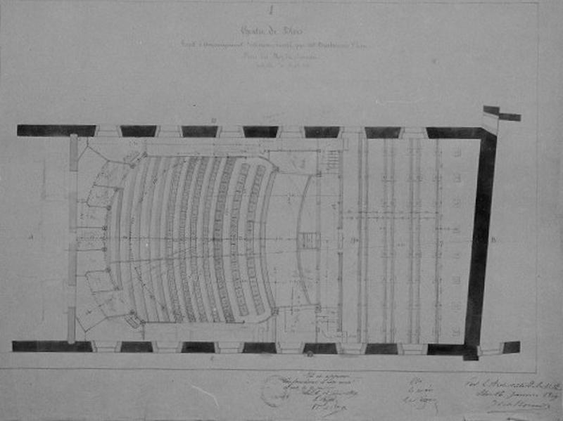 Théâtre partiellement reconstruit en 1869. Projet d'aménagement intérieur par M. Barbereau Saint-Léon. Plan du rez-de-chaussée. Le 16 janvier 1869.