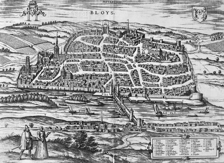 Le Vray Portraict de la ville de Bloys, vue cavalière vers 1575. (bibliothèque municipale de Blois, N° 518).