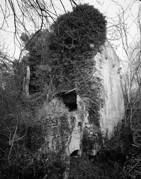 Haut fourneau, angle sud-ouest. Au premier plan à droite, l'Hyvernin servant de coursier pour la roue et à gauche, l'embrasure des soufflets. On distingue le massif contre lequel s'appuyait la roue et au dessus la petite ouverture carrée servant de passage à l'arbre..