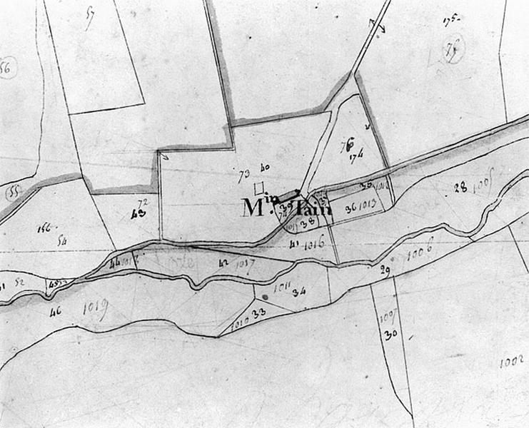 Moulin Tain : extrait du plan cadastral ancien, section G1, éch. 1/2500e, 1813.