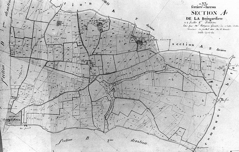 Feuille de section du plan cadastral ancien de Ferrière-Larçon, section A4, échelle 1/2500e, 1813.