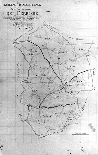 Tableau d'assemblage du plan cadastral ancien de Ferrière-Larçon, échelle 1/10 000e, 1813.
