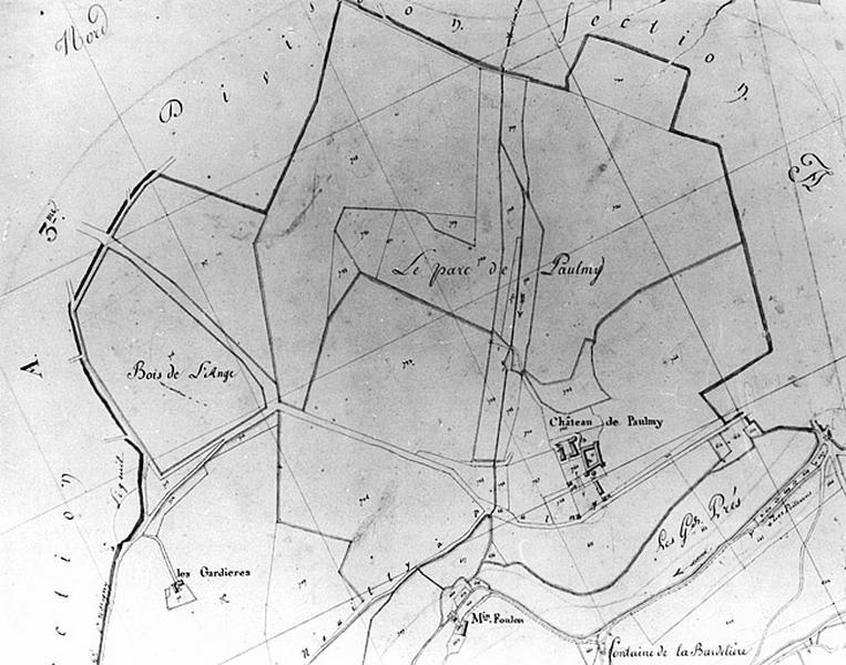 Extrait du plan cadastral ancien, section A2, échelle 1/2500e, 1812 : château de Paulmy.