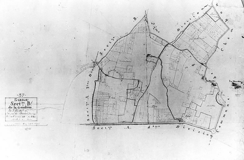 Extrait du plan cadastral ancien, section B, feuille 1, 1813, échelle 1/2500e.