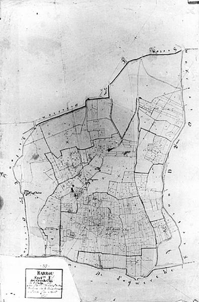 Extrait du plan cadastral ancien, section E, feuille 1, 1813, échelle 1/2500e.