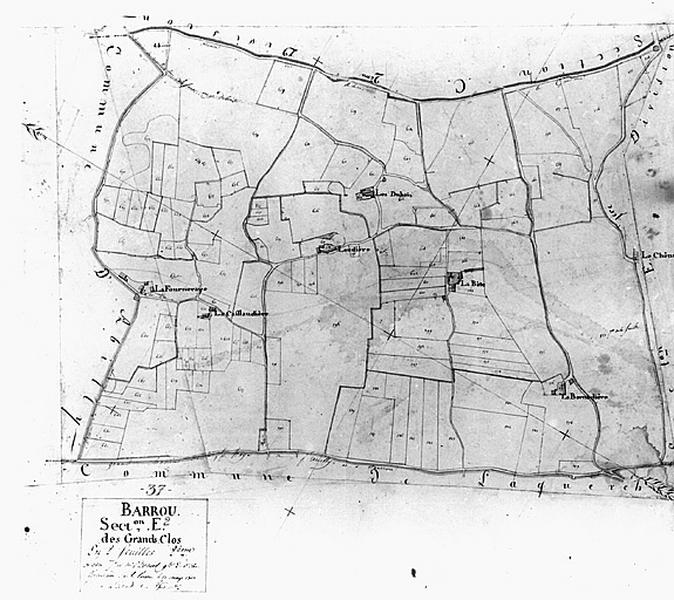 Extrait du plan cadastral ancien, section E, feuille 2, 1813, échelle 1/2500e.