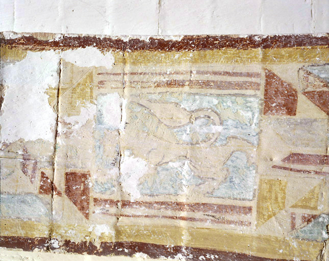 Fragment peint à l'intrados de l'arc de l'abside : signe du zodiaque (lion?).