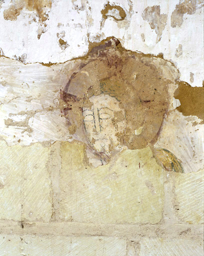 Fragment d'une scène biblique : Entrée à Jérusalem, détail du visage du Christ (mur sud de la nef).