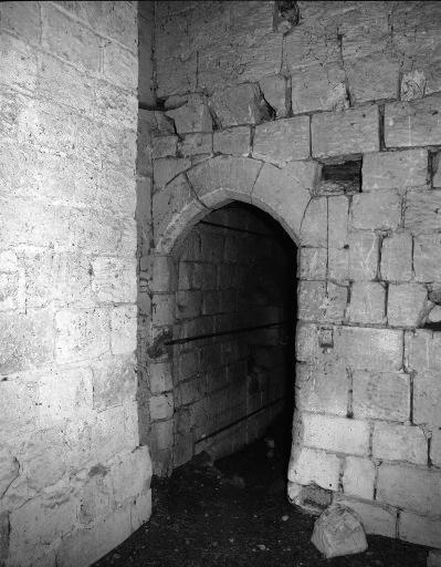 Les communs, revers de l'ancien châtelet d'entrée nord : angle du mur extérieur nord avec le mur de façade de l'aile en retour. Porte couverte d'un arc brisé.