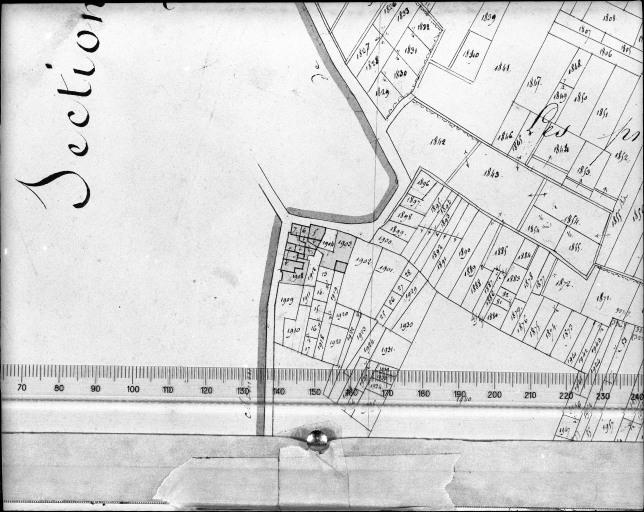 Extrait du plan cadastral ancien, section A2, 1832. Echelle 1/2500e.