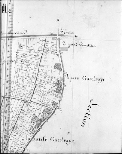 Extrait du plan cadastral ancien, section B1, 1832. Echelle 1/2500e.