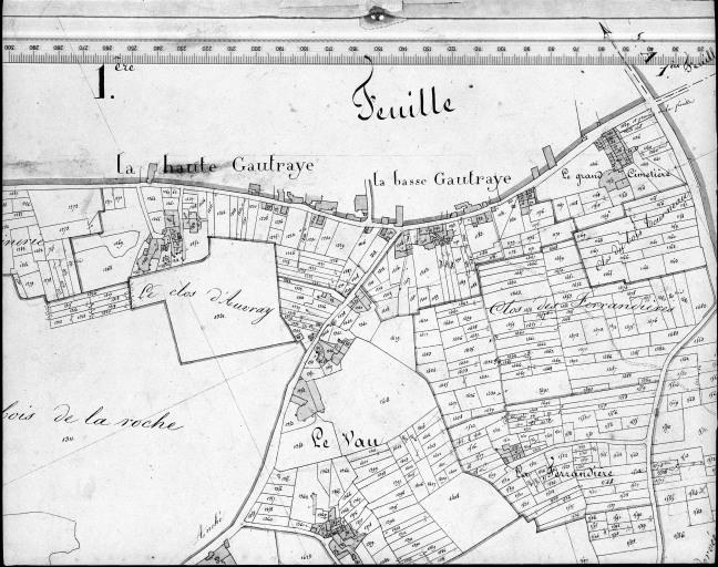 Extrait du plan cadastral ancien, section B1, 1832. Echelle 1/2500e.
