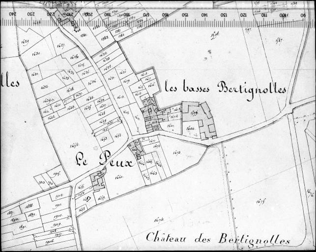 Extrait du plan cadastral ancien, section B2, 1832. Echelle : 1/2500.