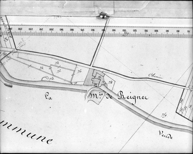 Moulin de Reigner. Extrait du plan cadastral ancien, section C2, 1832. Echelle : 1/2500.