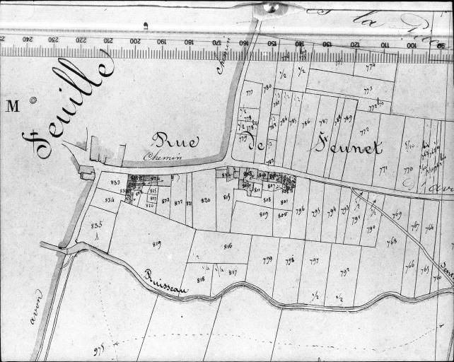 Extrait du plan cadastral ancien, section E2, 1831. Echelle : 1/2500
