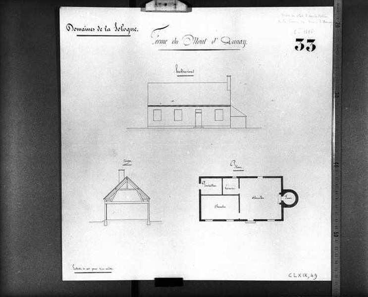 Domaine, plan et élévation de la ferme du Mont d'Aunay.
