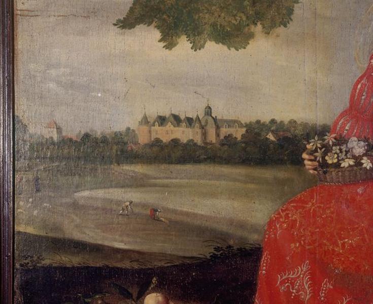 Salon du rez-de-chaussée : peinture sur toile représentant un portrait de femme sur fond de paysage, détail du paysage.