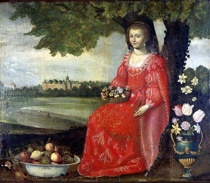 Peinture sur toile représentant un portrait de femme sur fond de paysage.