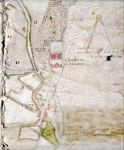 Plan d'arpentage. Détail : château et bourg de Ligny.