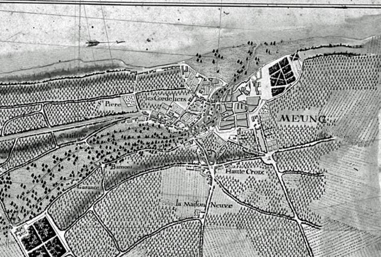 Atlas de Trudaine, route d'Orléans à Meung, entre 1745 et 1780. Détail. (archives nationales, site de Paris, CP F 14 bis 8493, planche 32).