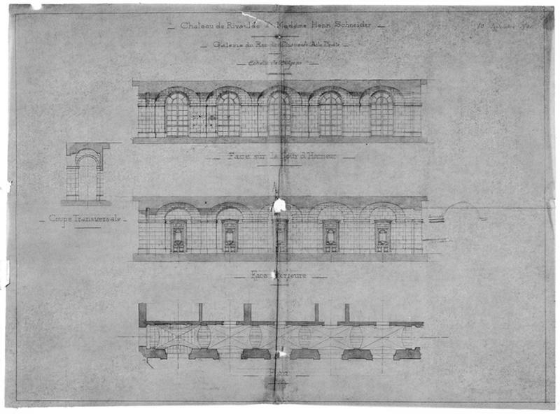 Plan, élévation, coupes de l'aile droite de la galerie du rez-de-chaussée.