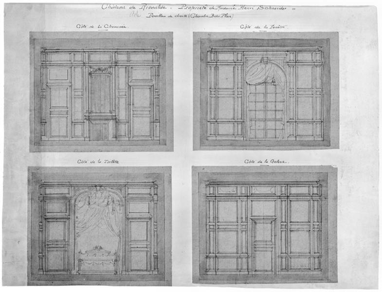 Pavillon de droite ; chambre B du plan ; élévation, projet.