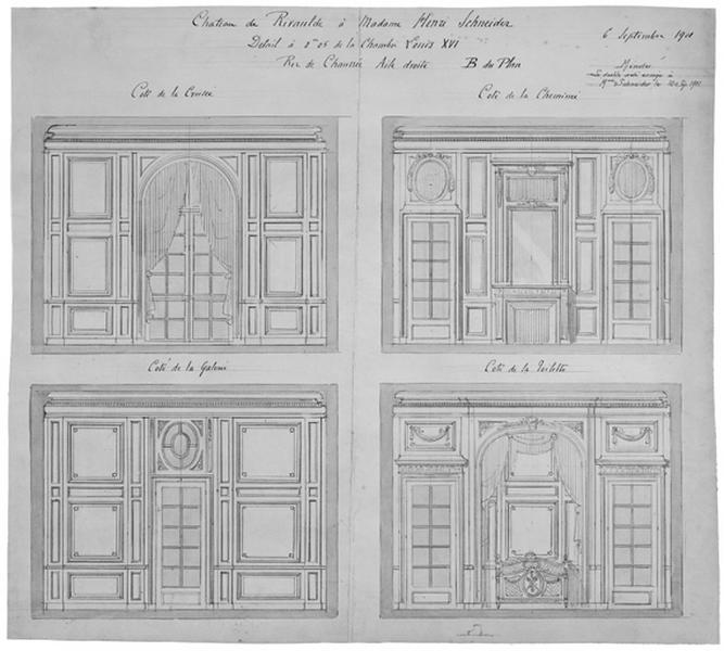 Aile droite B du plan ; rez-de-chaussée ; chambre Louis XVI.