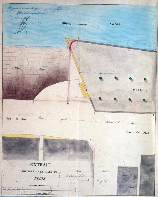 Plan de la jonction entre le port Saint-Jean et le Mail, 16 septembre 1832, ingénieur en chef. (archives municipales de Blois, 1 O 28).