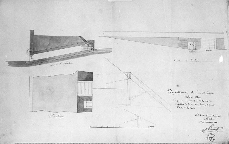 Projet de reconstruction de la tête de l'aqueduc de la rue Croix Boissée suivant le talus de la levée, 12 août 1840, par  A. Pinault. (archives municipales de Blois, 1 O 28).